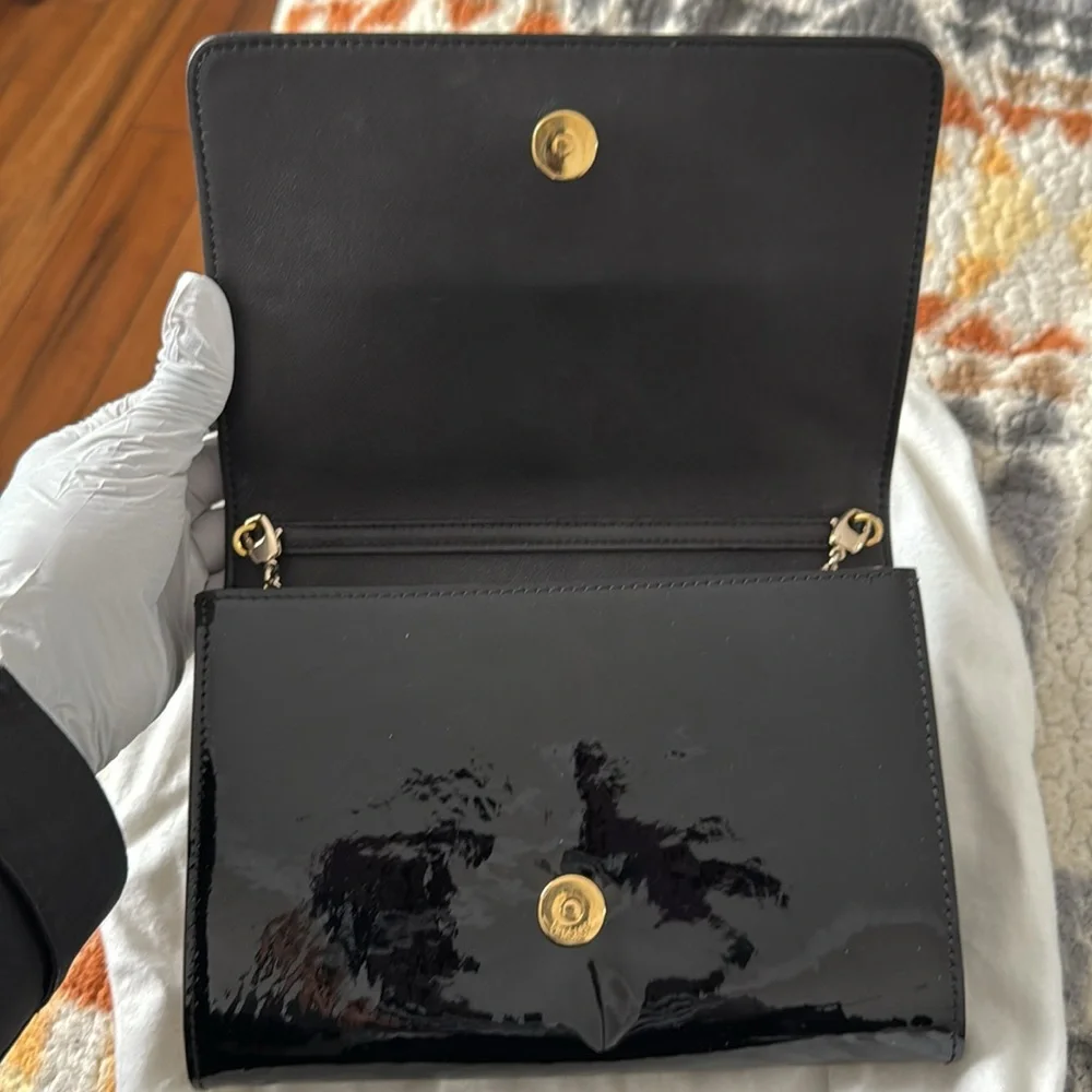 Black Patent Leather Wallet with Gold Medusa Logo and gold chain